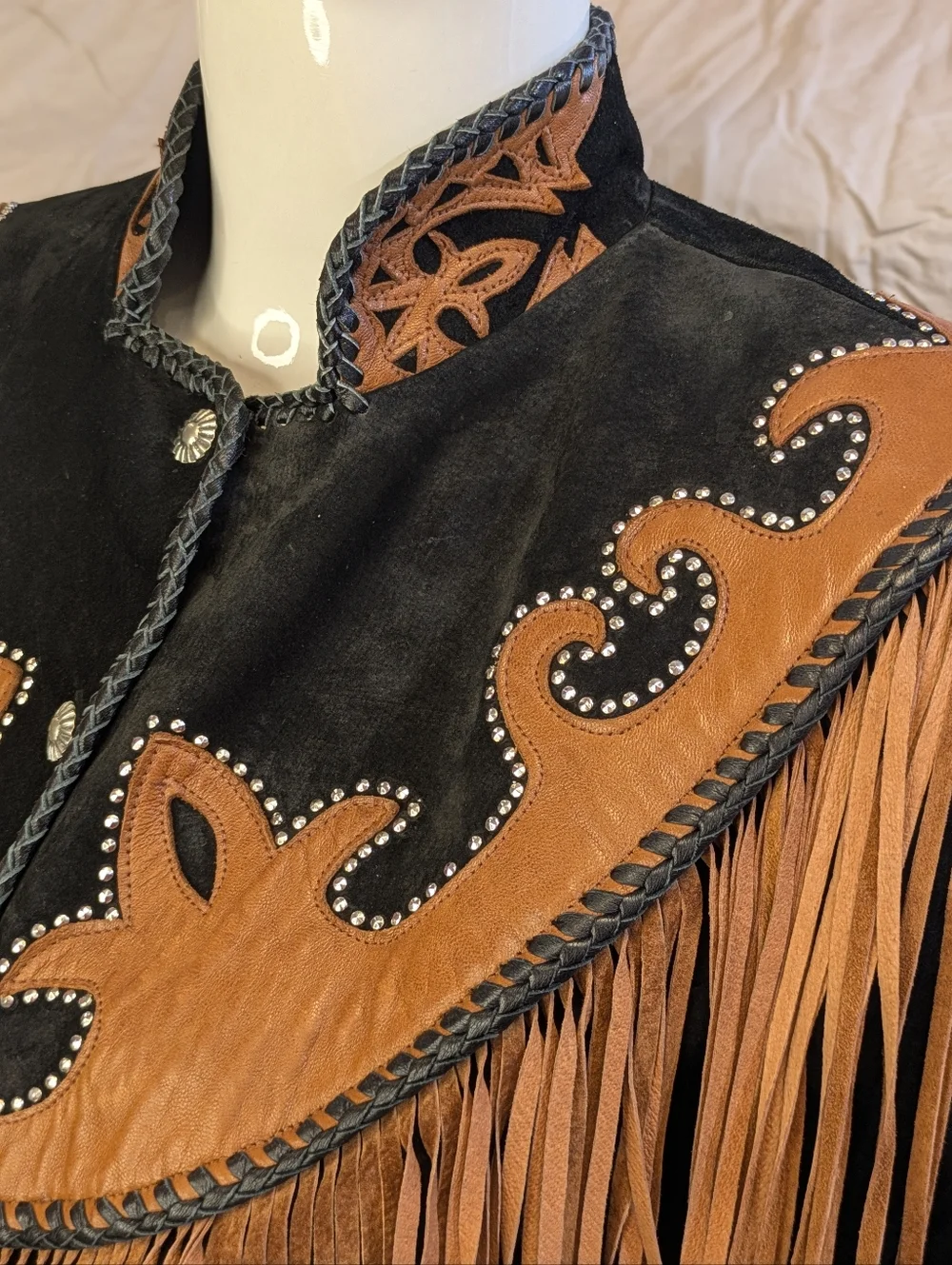 Vintage Diamond Leather Black And Brown Western Jacket Fringe Studs Made In USA - Picture 4 of 10